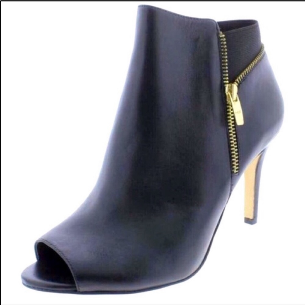MARC FISHER Black Leather & Gold Trim Heeled Booties-Size 7.5W